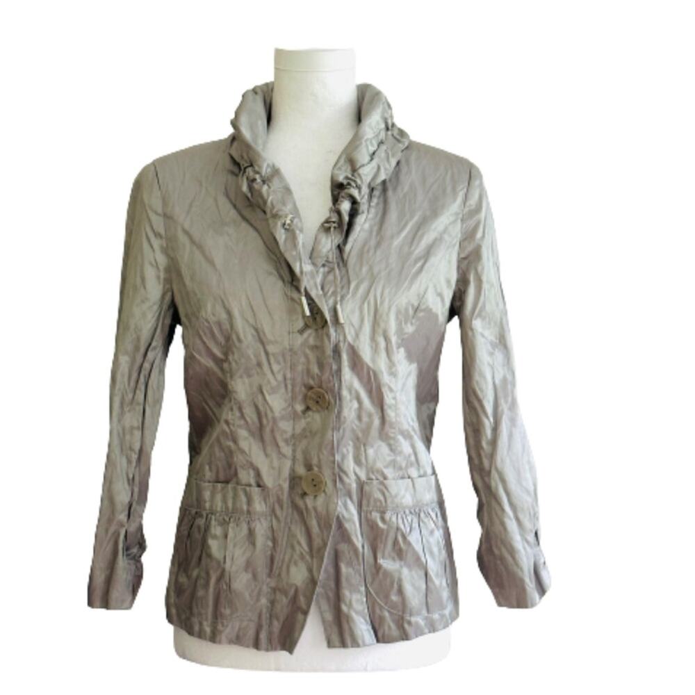 Chico’s Jacket Gray Green Metallic 3/4 Sleeve Ruffle Collar Rain Jacket Small